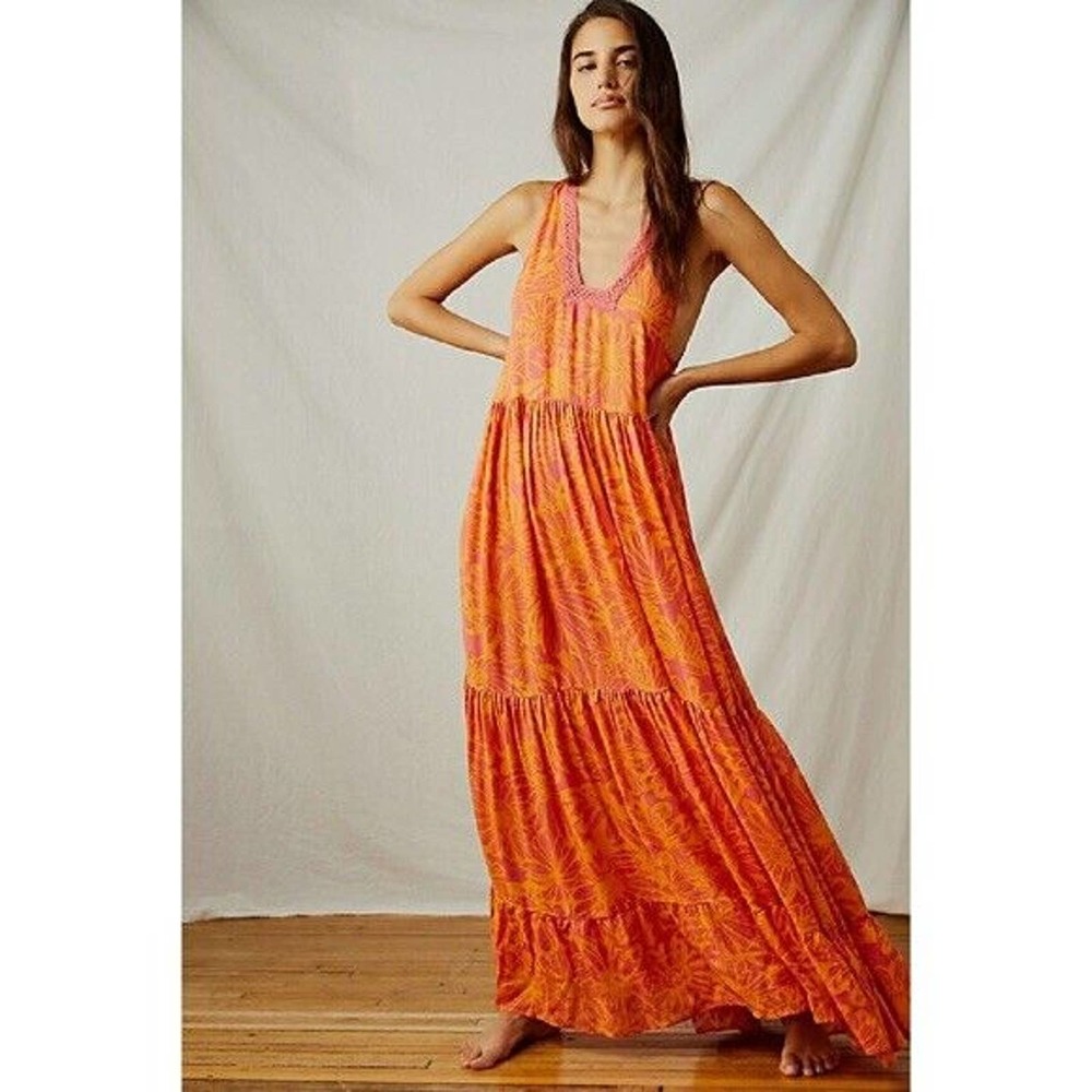 Free People Women's Sz Medium Tiers for You Lace Maxi Slip Dress Hazy Combo SNWT